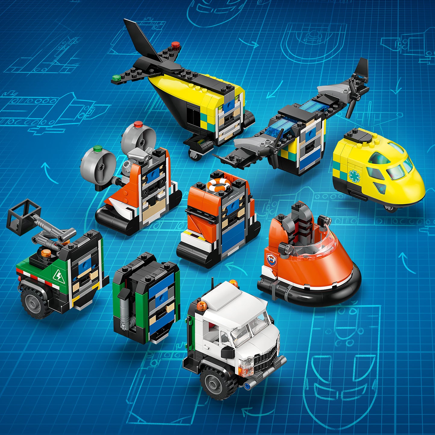 LEGO® City Vliegtuig, Servicewagen en Hovercraft Remix - Bouw- en Speelset met Hulpdienstvoertuigen - 60505